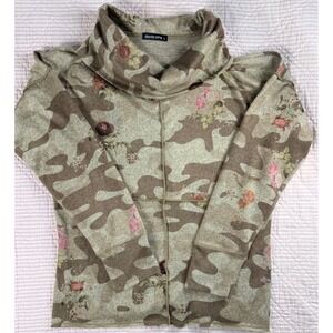 David Cline Womens Large Camo Floral Cowl Neck Long Sleeve Top Green Pink Brown